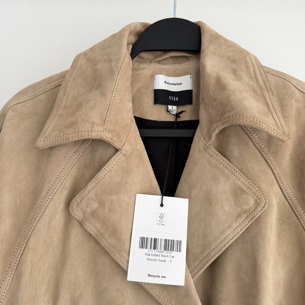 Reformation Veda Leather Jacket Small Tan Suede Trench Coat Belted Double Breast - Picture 7 of 12